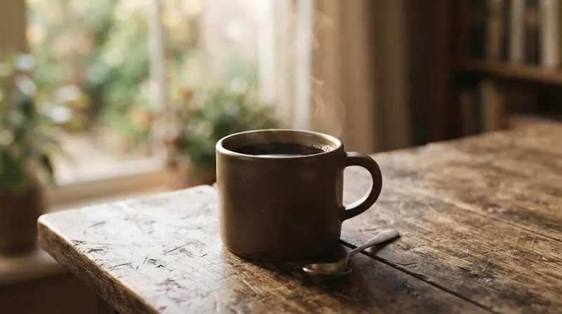 A close-up view of a half-empty ceramic mug filled with black coffee sitting on a kitchen counter.