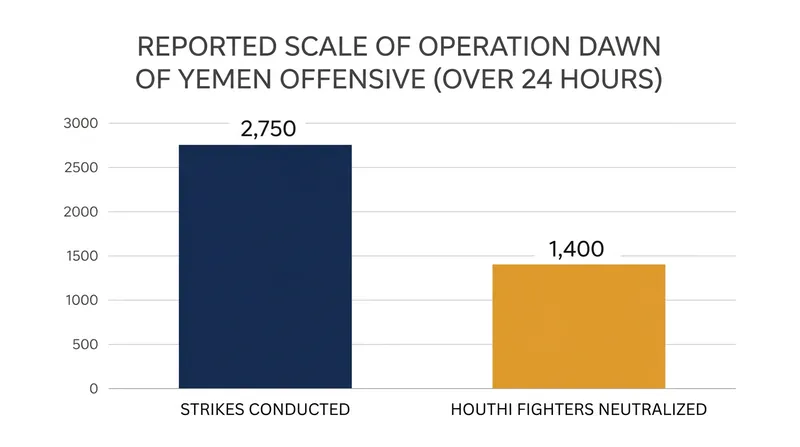 Yemeni government forces reported conducting over 2,750 strikes against Houthi positions in a single 24-hour window.