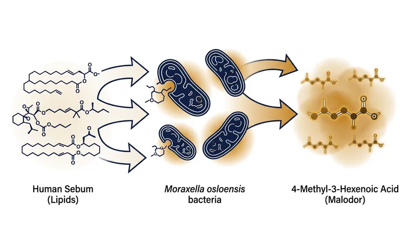 The musty smell is not the bacteria itself, but the volatile organic compounds produced when the microbes digest trapped skin oils.