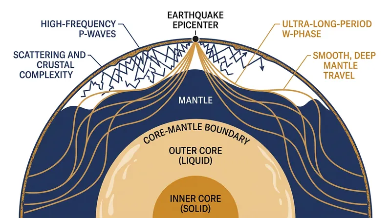 The W-phase propagates through the Earth's mantle, avoiding the high-frequency scattering that corrupts traditional seismic signals.