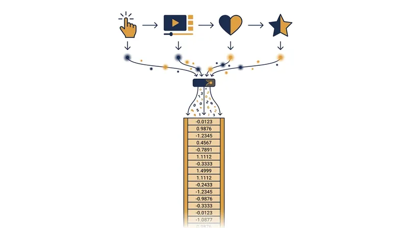 A Deep Learning Recommendation Model translates a sequence of user behaviors into a dense mathematical array called a latent embedding.