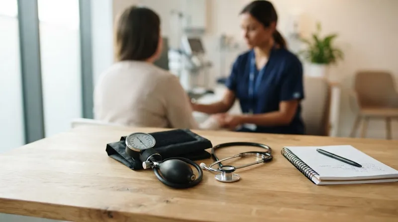 A healthcare worker checks the blood pressure of a pregnant woman in a bright, modern clinic.