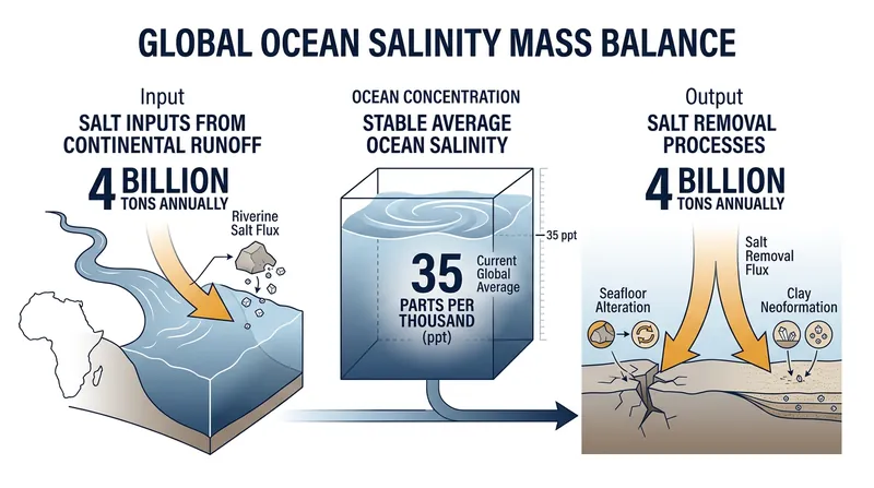 The ocean maintains a precise equilibrium, extracting exactly as much dissolved mineral mass as rivers deliver each year.