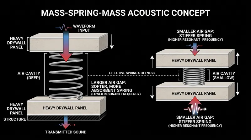Acousticians model the air trapped inside a wall cavity as a physical spring that absorbs kinetic energy.
