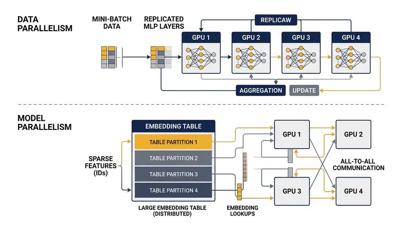DLRM splits its architecture, applying data parallelism to dense layers and model parallelism to sparse embedding tables.