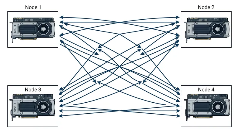The butterfly shuffle forces every GPU to exchange data with every other GPU simultaneously, stressing network interconnects.