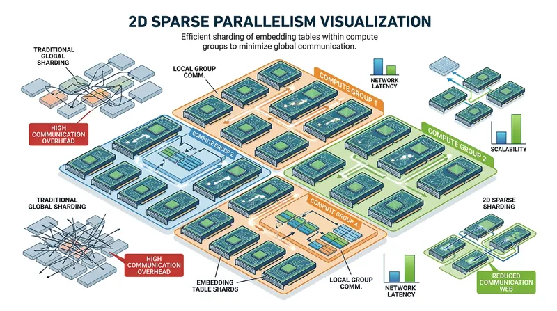 Newer techniques like 2D sparse parallelism restrict the all-to-all shuffle to smaller sub-groups of GPUs to prevent network bottlenecks.