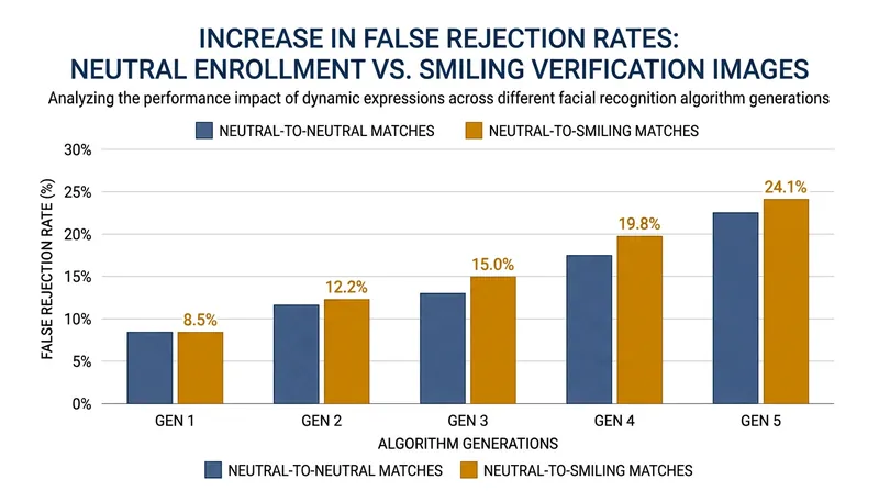 While modern deep-learning models are improving, legacy 2D algorithms still struggle to verify identity when the subject's facial expression varies from the enrollment baseline.