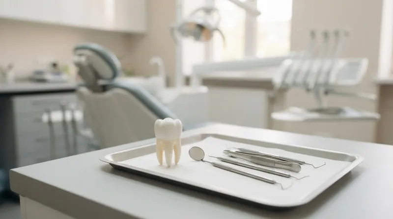 A bright, modern dental clinic room seen from the patient's perspective, focusing on a clean metal dental mirror.