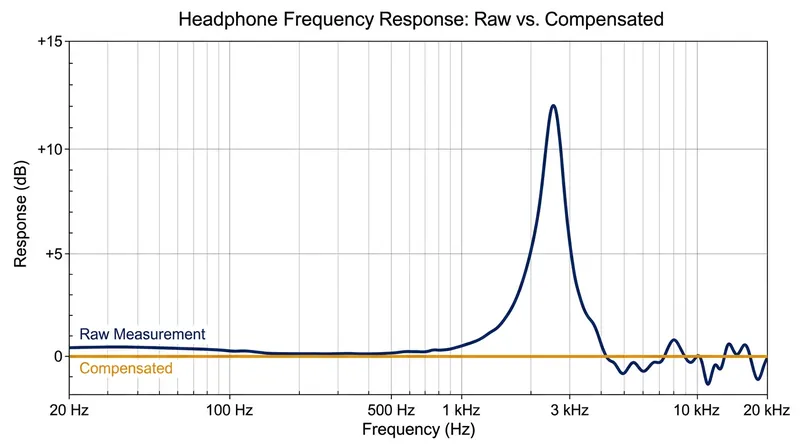 A headphone that sounds perfectly flat to a human listener will display a massive 12-decibel peak on a raw measurement graph.