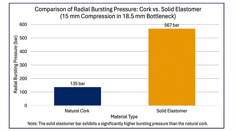 Solid elastomers exert up to 4.2 times more radial stress on glass than natural cork under identical insertion forces.