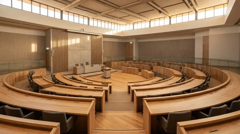 A diverse group of citizens sitting around a large circular table in a modern civic hall, engaged in a deliberative assembly.