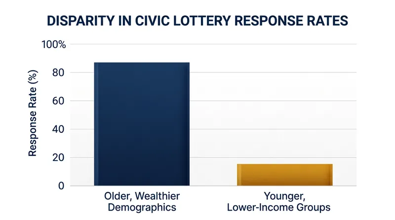 Because response rates vary wildly by demographic, a purely random draw from the volunteer pool would create a heavily skewed assembly.