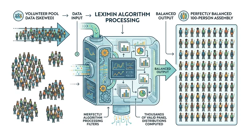 The Leximin algorithm computes thousands of valid panel combinations, selecting the one that maximizes the minimum probability of any single volunteer being chosen.