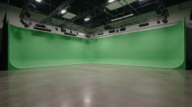 A heavy digital cinema camera on a dolly track points toward a glowing green screen on a dark Hollywood soundstage.