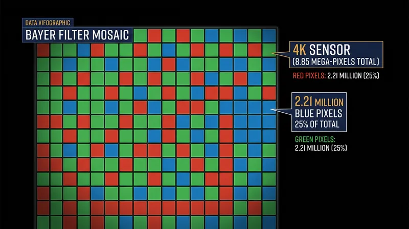 The Bayer filter allocates half of a digital sensor's pixels to green to mimic human vision.