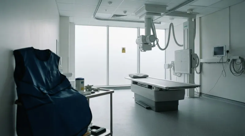 A modern digital X-ray machine positioned over a patient examination table in a brightly lit hospital room.