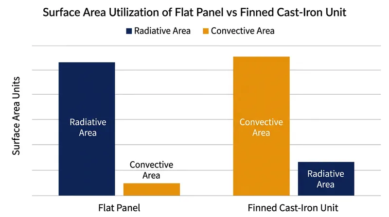 The deep fins of a cast-iron unit are engineered to maximize contact with rising air, not line-of-sight radiation.