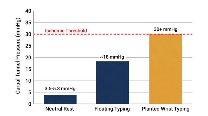 Planting the wrists while typing drives internal pressure past the threshold where nerve damage begins.