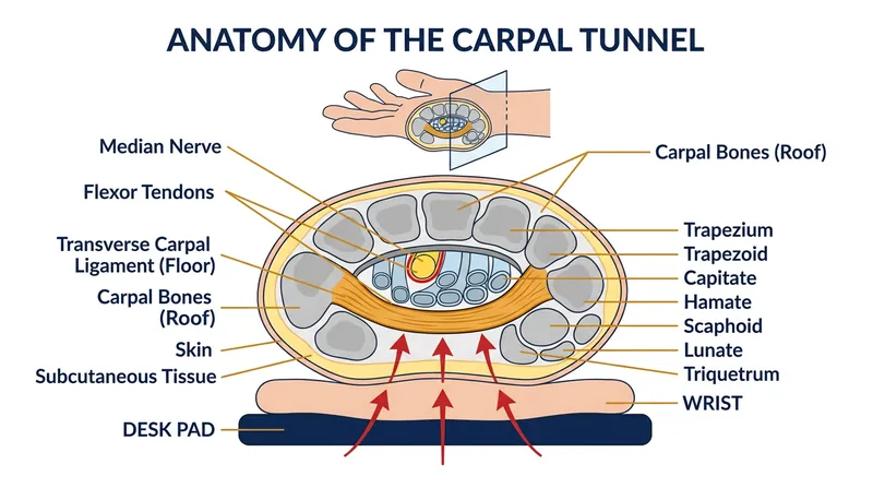External pressure on the flexible transverse carpal ligament transmits directly into the carpal tunnel.