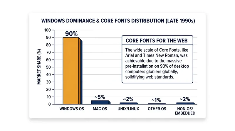 Microsoft's operating system dominance pre-installed Impact on millions of early internet-connected computers.