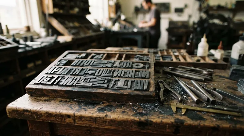 A close-up view of vintage metal typesetting blocks resting on a wooden desk.