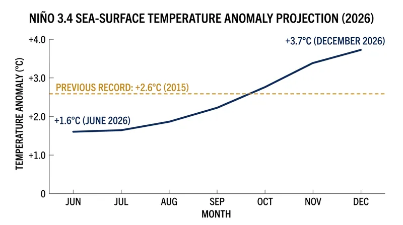 The projected +3.7°C anomaly significantly exceeds the previous modern record set during the 2015–2016 El Niño.