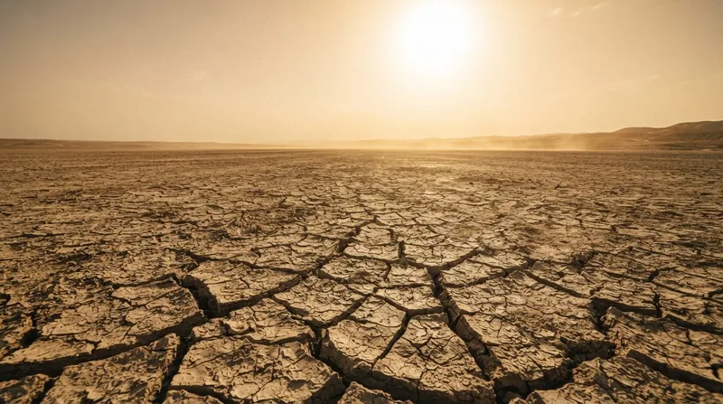 Aerial view of a parched, cracked earth landscape transitioning into a flooded river valley.