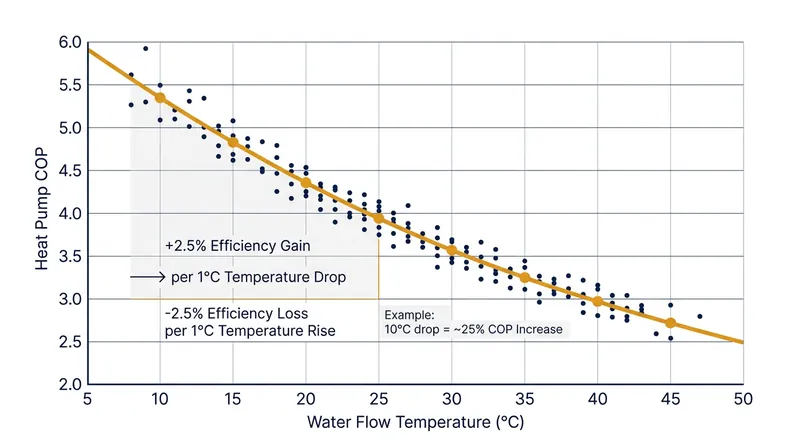 Lowering the temperature lift directly reduces the compressor's electrical demand.