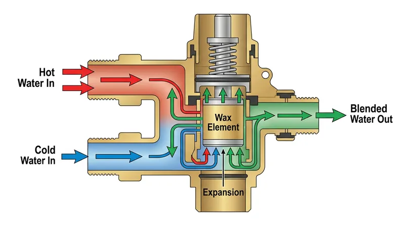 How a wax thermostatic motor dynamically balances water temperature.
