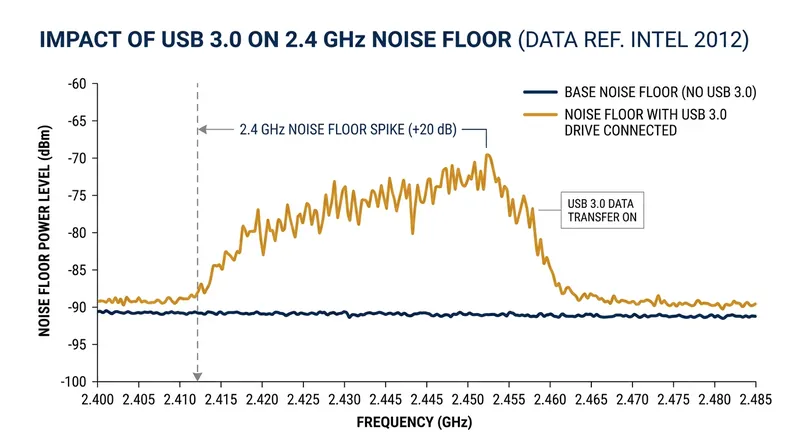 Intel's measurements show a 20-decibel increase in the 2.4 GHz noise floor when an active USB 3.0 hard drive is placed near a wireless receiver.