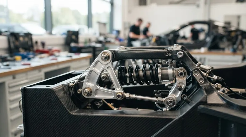 A close-up view of a modern supercar's inboard pushrod suspension, showing the diagonal carbon-fiber rod connecting to a precision-machined aluminum bellcrank and horizontal coil spring.