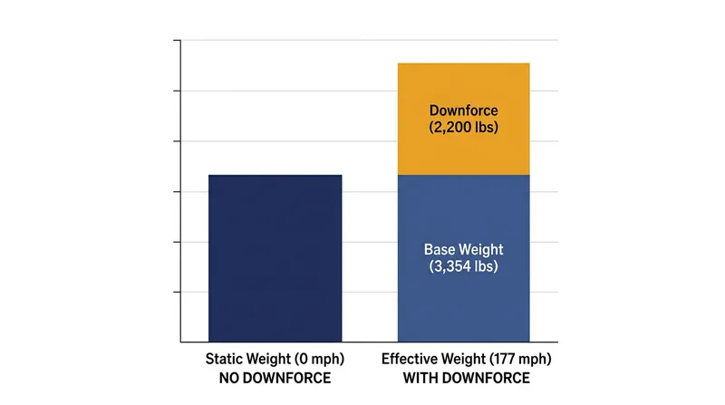 Aerodynamic downforce drastically increases the effective weight the suspension must support at high speeds.