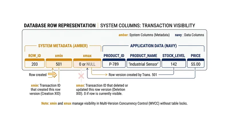 Multi-Version Concurrency Control tracks the inserting and deleting transaction for every row.