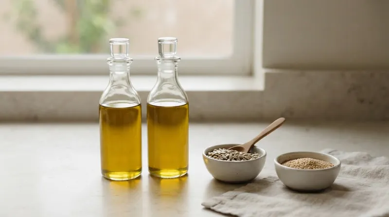 Golden sunflower oil pouring from a glass cruet into a dark cast-iron skillet.