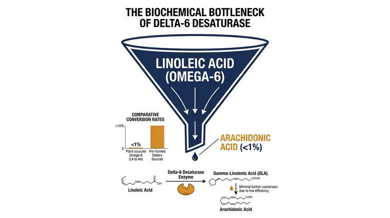 The delta-6 desaturase enzyme acts as a strict bottleneck, converting less than one percent of dietary linoleic acid into arachidonic acid.