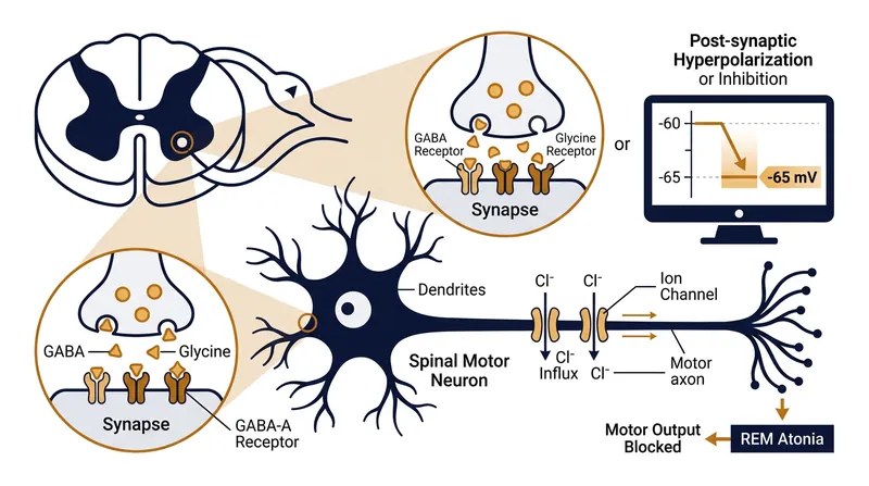 GABA and glycine work in tandem to hyperpolarize motor neurons, rendering them unresponsive to voluntary commands.