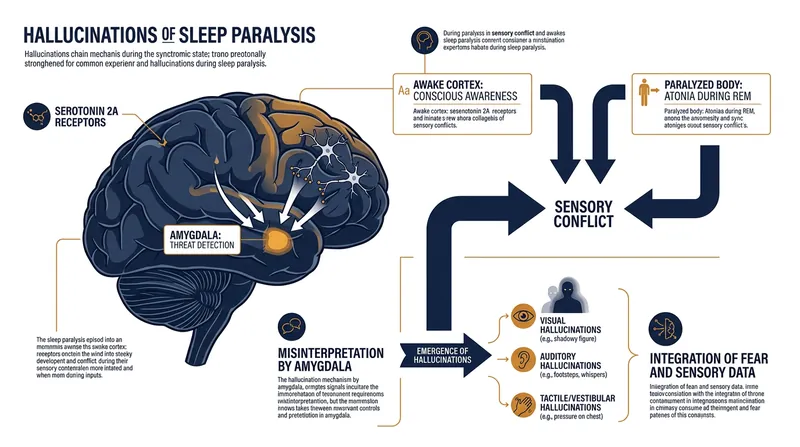 Sensory conflict between an awake mind and a paralyzed body triggers the amygdala, driving intense fear and hallucinations.