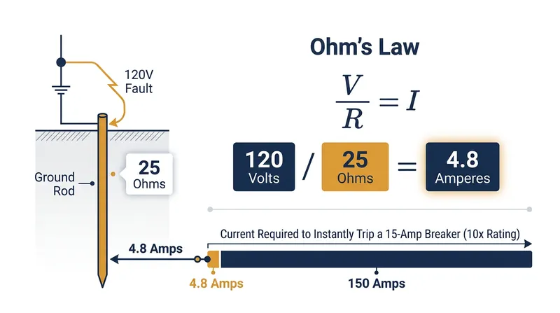 A code-compliant 25-ohm ground rod caps a 120-volt fault at 4.8 amperes, leaving the circuit breaker untripped.