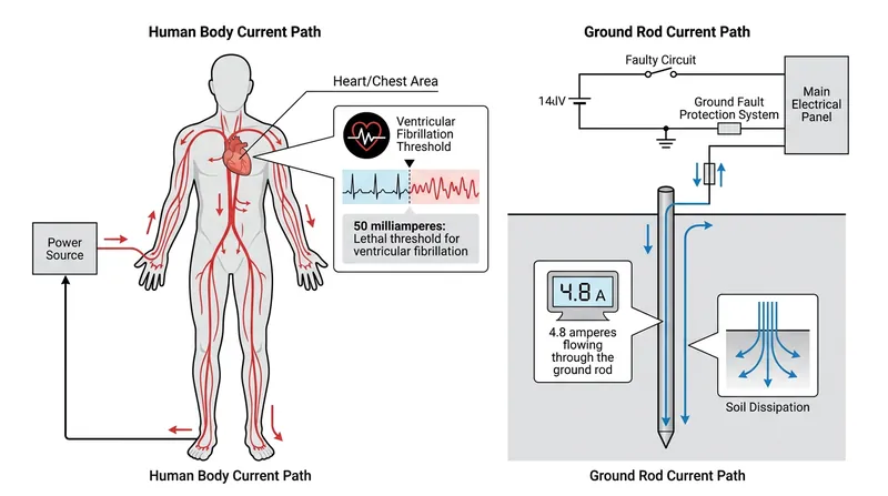 Even a fraction of the 4.8 amperes flowing through a ground rod is enough to cause fatal ventricular fibrillation.