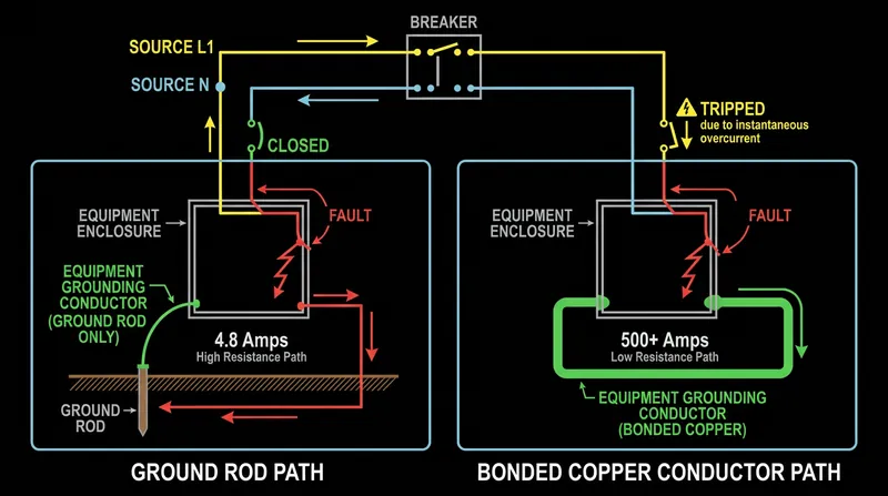 Only the low-resistance copper equipment grounding conductor allows enough current to flow to instantly trip the circuit breaker.