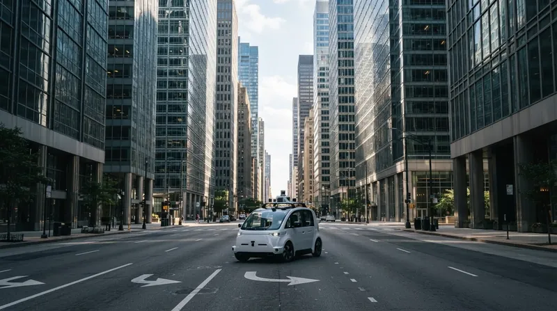 A self-driving car driving down a narrow city street flanked by tall glass skyscrapers.