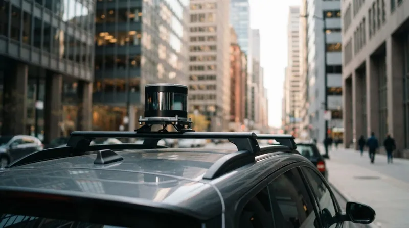 Illustration: Roof-mounted LiDAR sensors fire millions of laser pulses per second to create a live 3D map of the environment.