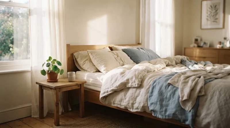 A person sleeping deeply in a sunlit bedroom with a digital alarm clock on the nightstand.