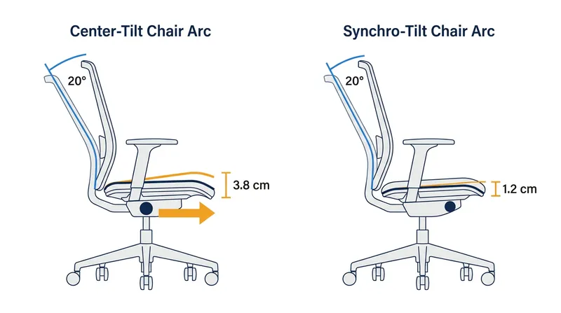 A 2:1 synchro-tilt ratio reduces vertical seat rise by more than two-thirds compared to a single-pivot chair.
