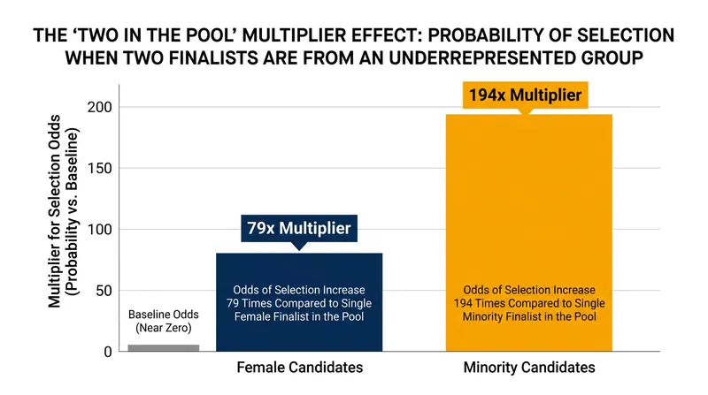 Adding a second underrepresented candidate to a final slate drastically multiplies the statistical odds of a diverse hire.