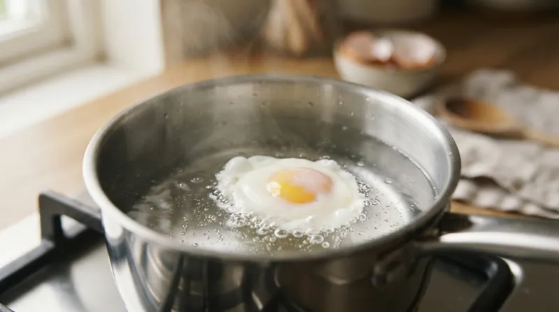 Illustration: A gentle simmer combined with acidified water ensures the egg white sets before water currents can tear it apart.