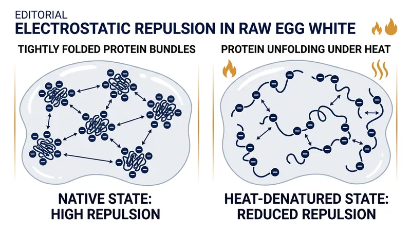 At their natural pH, ovalbumin proteins carry a negative charge, causing them to repel each other and remain fluid.