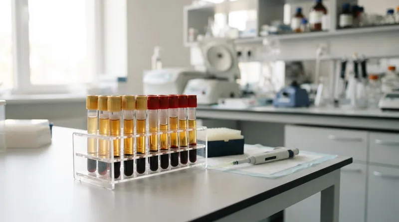 A medical laboratory technician in sterile gloves holding a clear blood sample vial with a blue cap.
