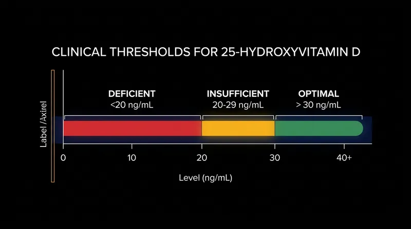 Endocrine guidelines define severe deficiency as storage levels falling below 20 nanograms per milliliter.